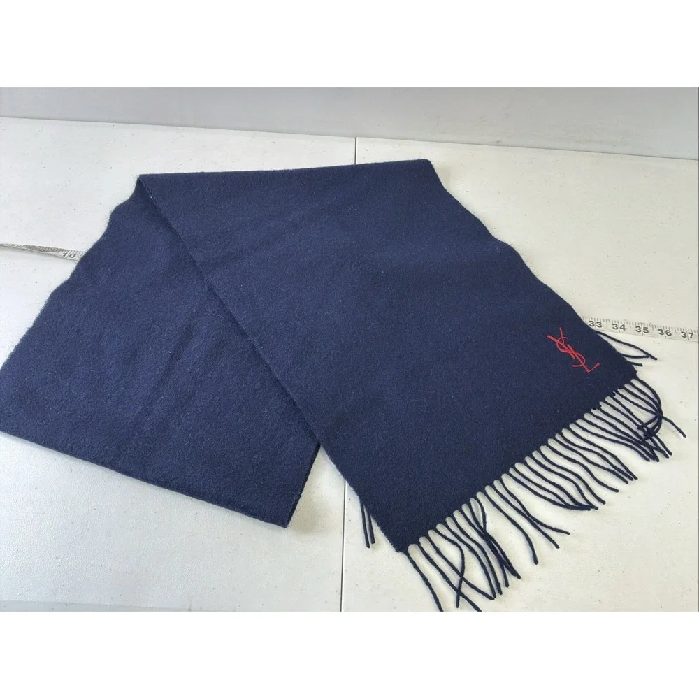 Yves Saint Laurent pour homme Navy Blue Wool Scarf Italy Fringe Logo Men's